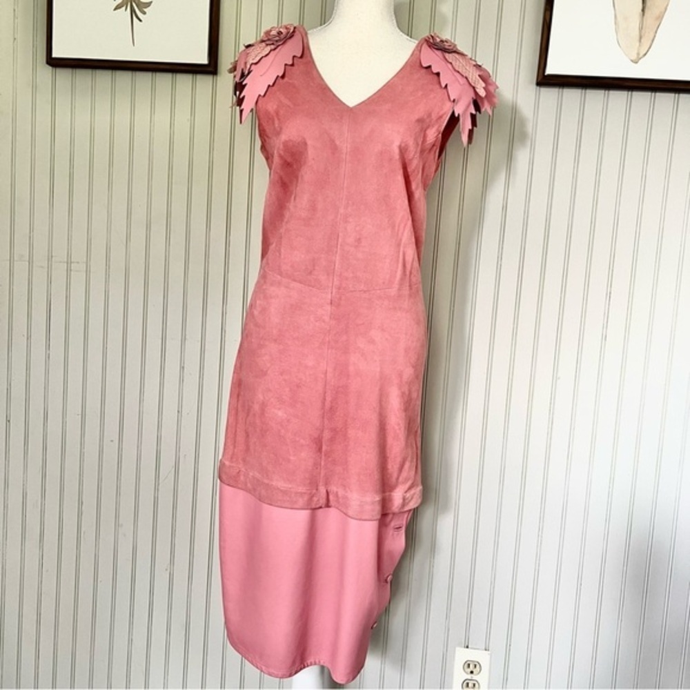 Cache Vintage Pink Suede and Leather Snakeskin Detail Body con Midi Dress